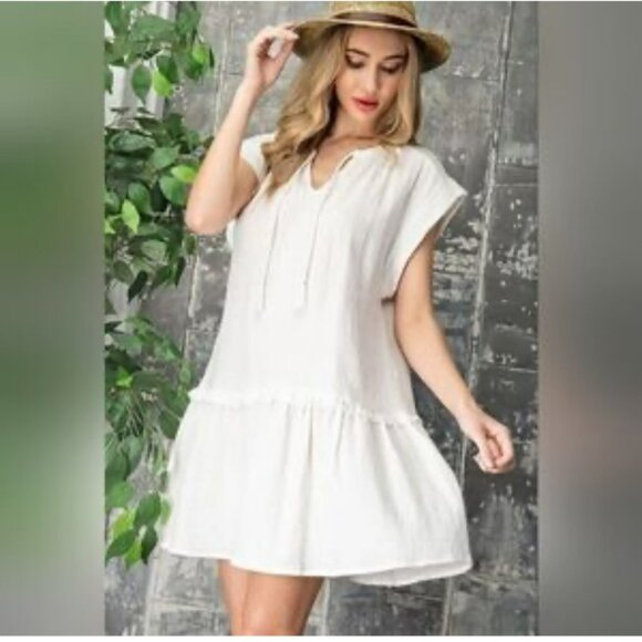 The Impeccable Pig Dresses & Skirts - White Cotton Peasant-Style Tiered Dress With Tassel Tie Neckline & Cap Sleeves B